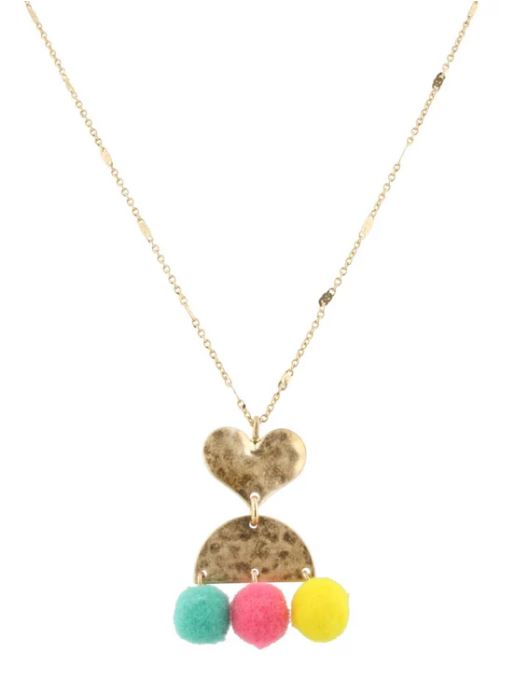 14" KIDS NECKLACE HEART WITH TURQUIOSE, PINK AND YELLOW POMS