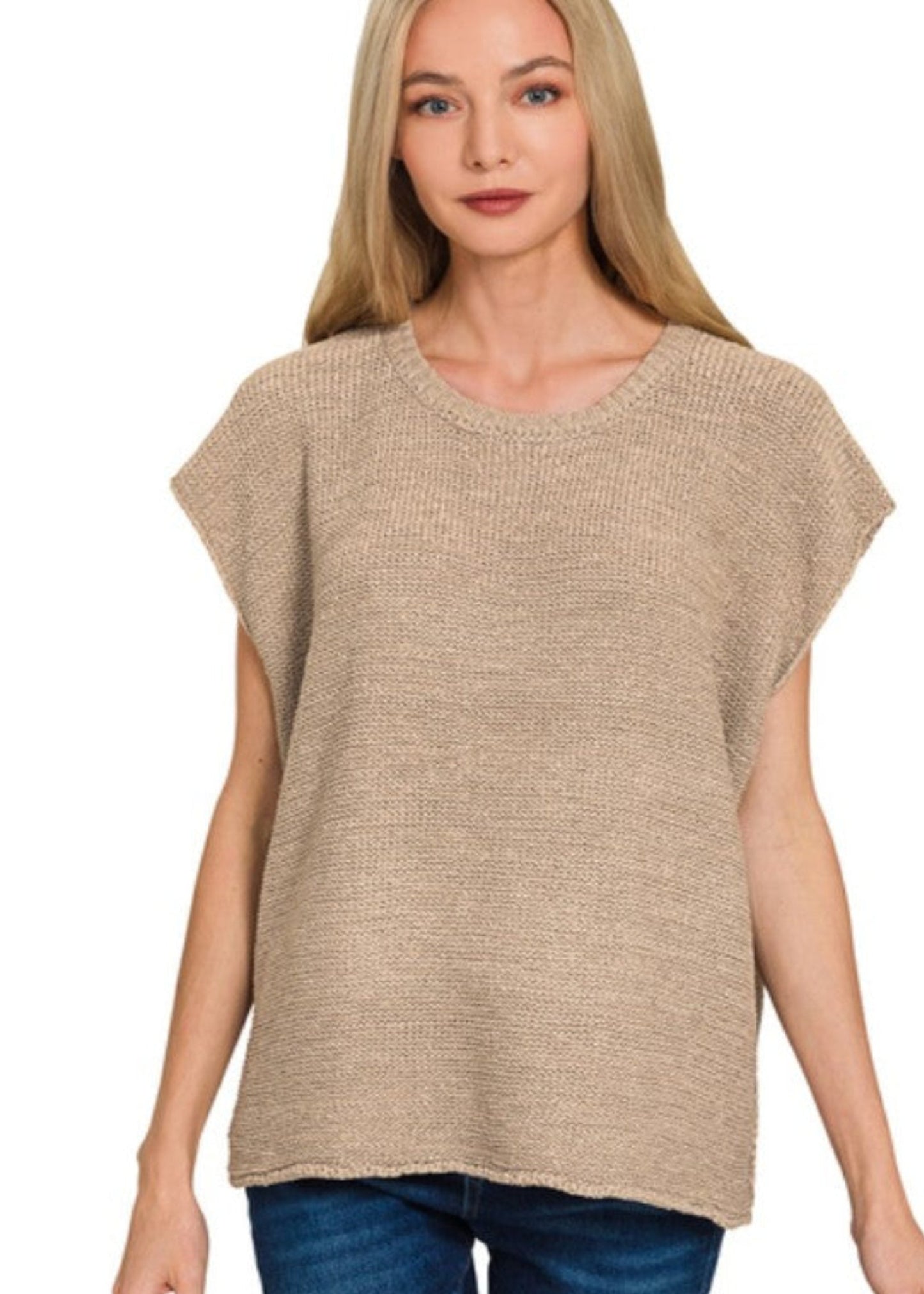 OVERSIZED CREW NECK SWEATER VEST - LIGHT MOCHA