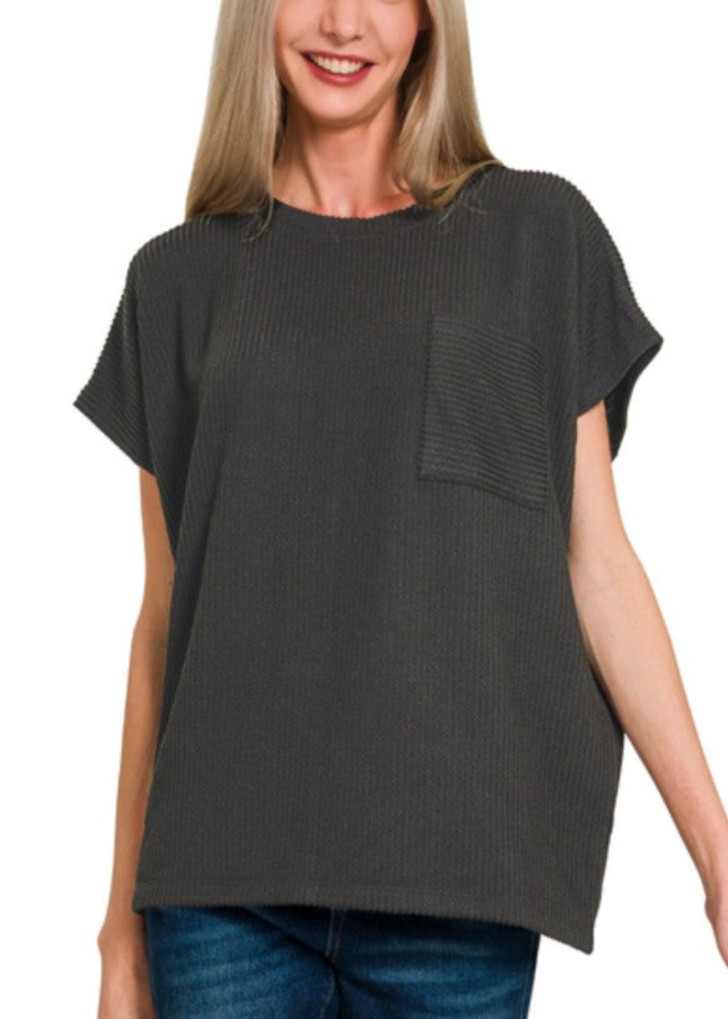 RAISED RIB FRONT POCKET BOXY TOP - BLACK