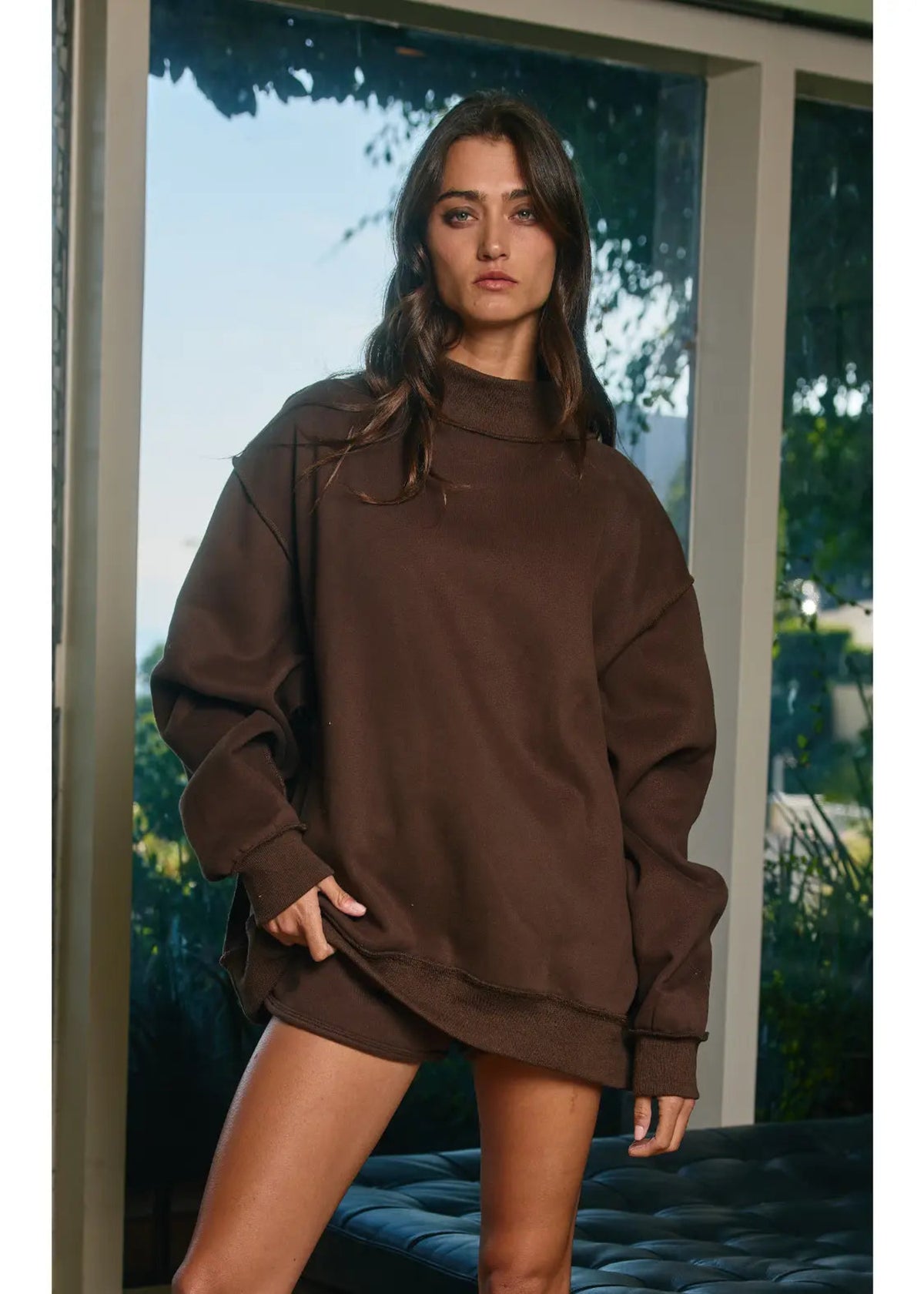SOLID REVERSIBLE MOCKNECK SWEATSHIRT - BROWN