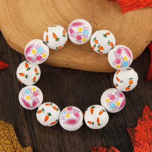 Easter-Themed Wooden Beaded Bracelet with Rabbit Ear and Carrot Print