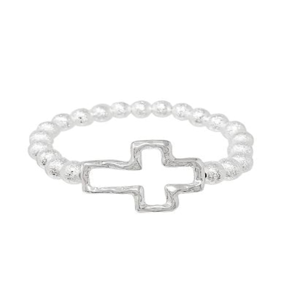 CROSS & TEXTURED METAL BALL BRACELET-SILVER
