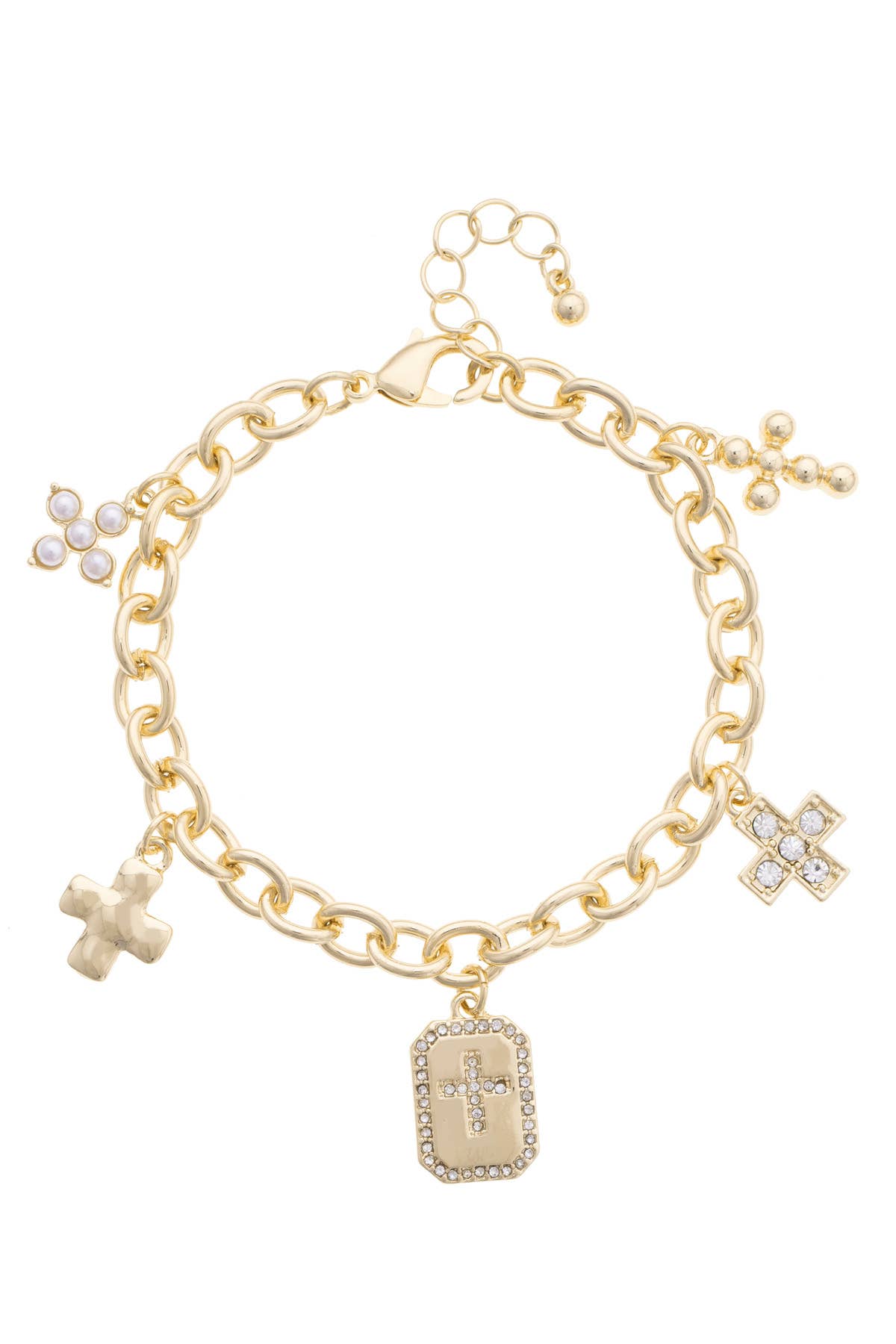 Maxine Pave Cross Icons Charm Bracelet in Shiny Gold