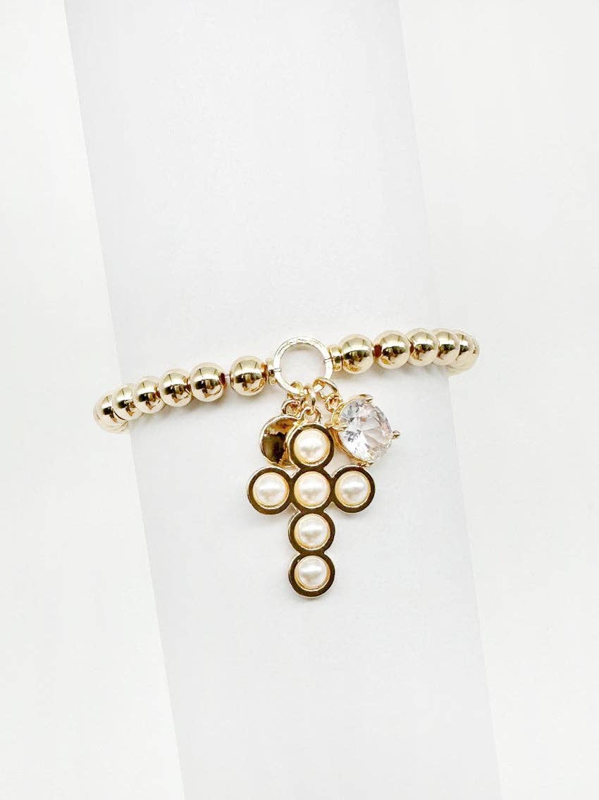 Gold Beaded Stretch Bracelet with Pearl Dotted Cross and Crystal Charms