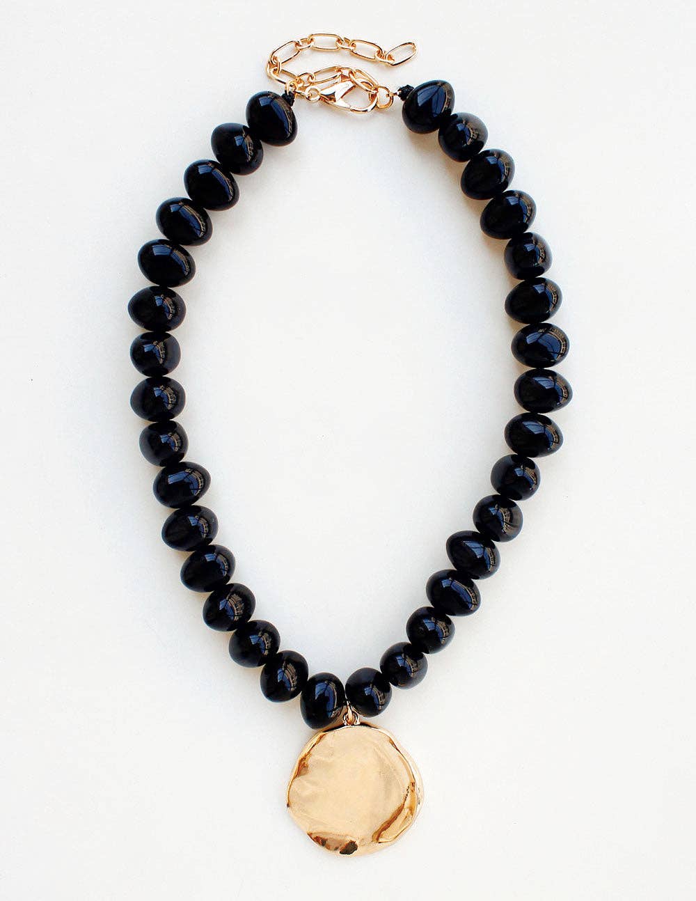 Black Chunky Beaded with Gold Hammered Coin Charm 16"-18" Necklace