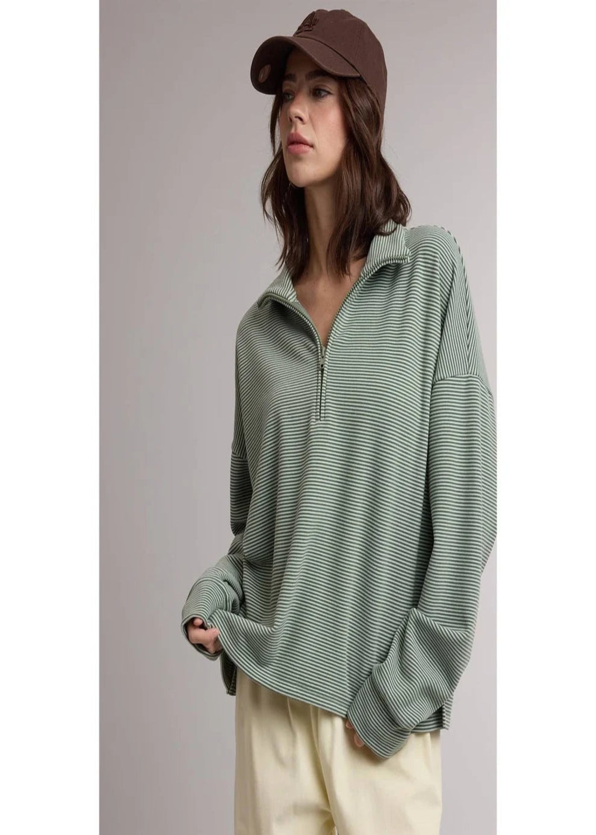 Striped Half Zip Up Knit Pullover - GREEN/SKY
