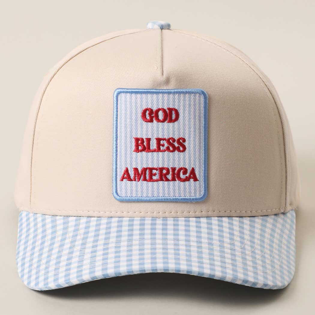GOD BLESS AMERICA EMBROIDERED PATCH GINGHAM TRUCKER HAT - PINK