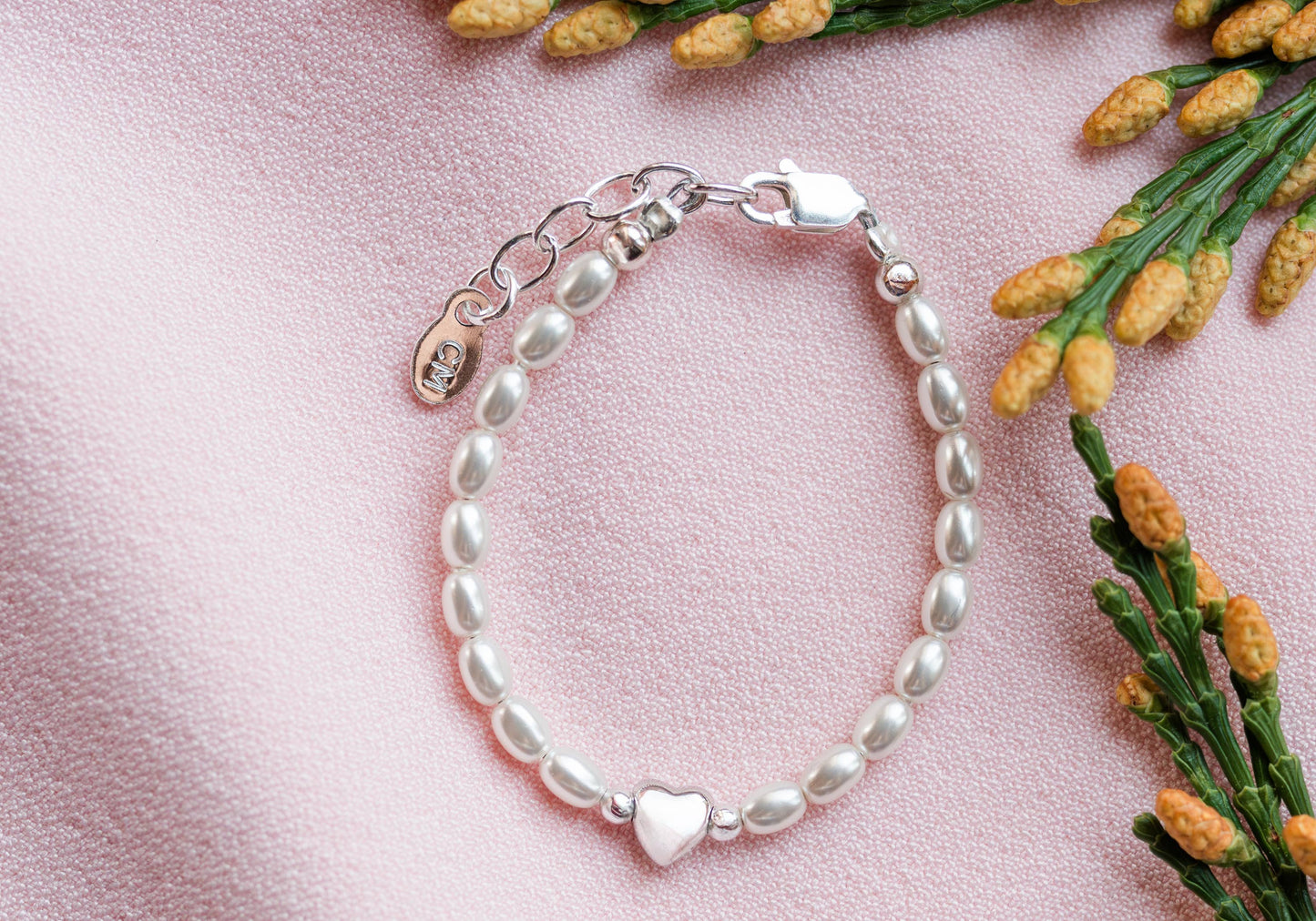 Girls Sterling Silver Pearl and Heart Baby Bracelet for Kids