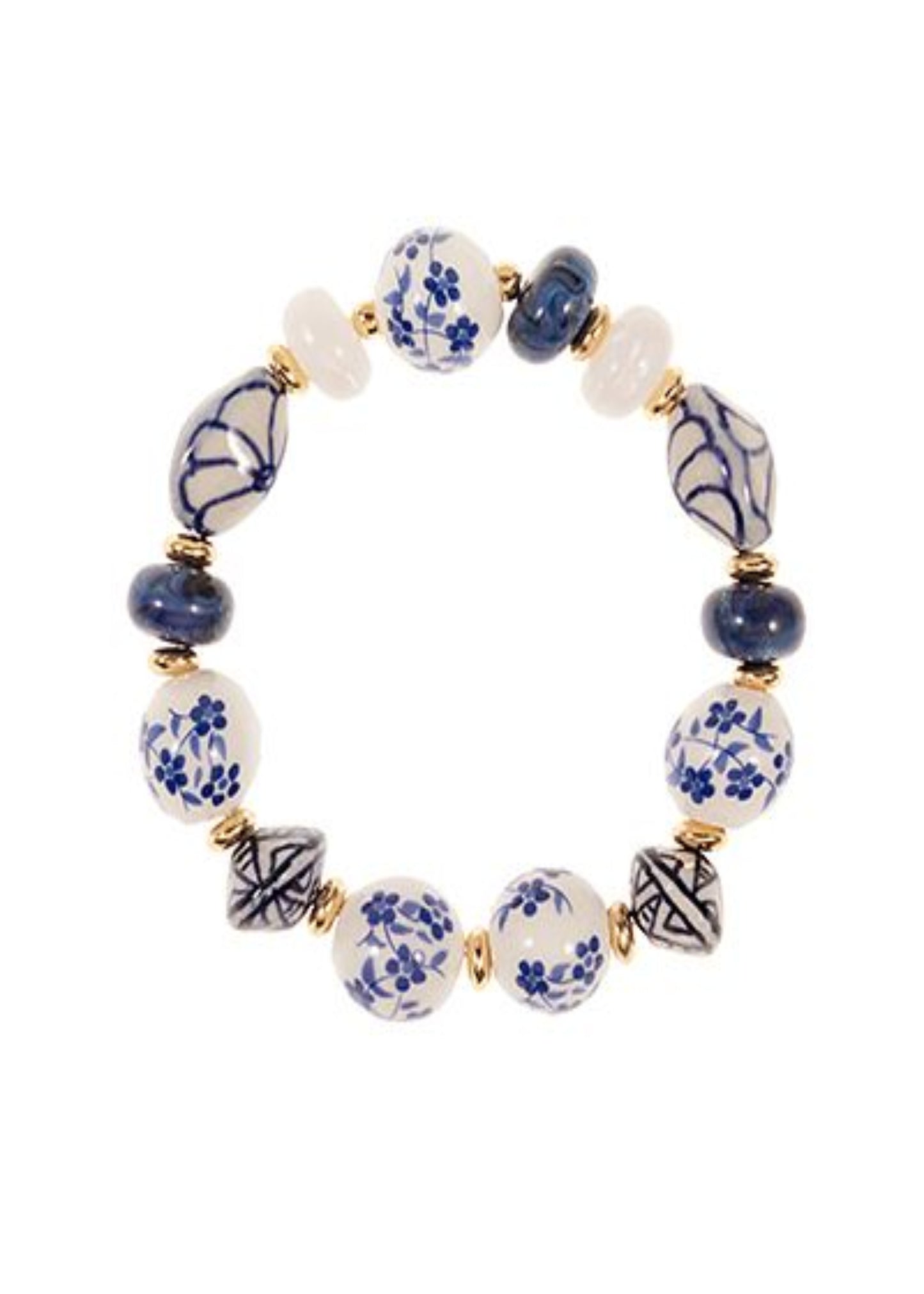 MIXED SHAPE CERAMIC BEAD BRACELET-BLUE/GOLD