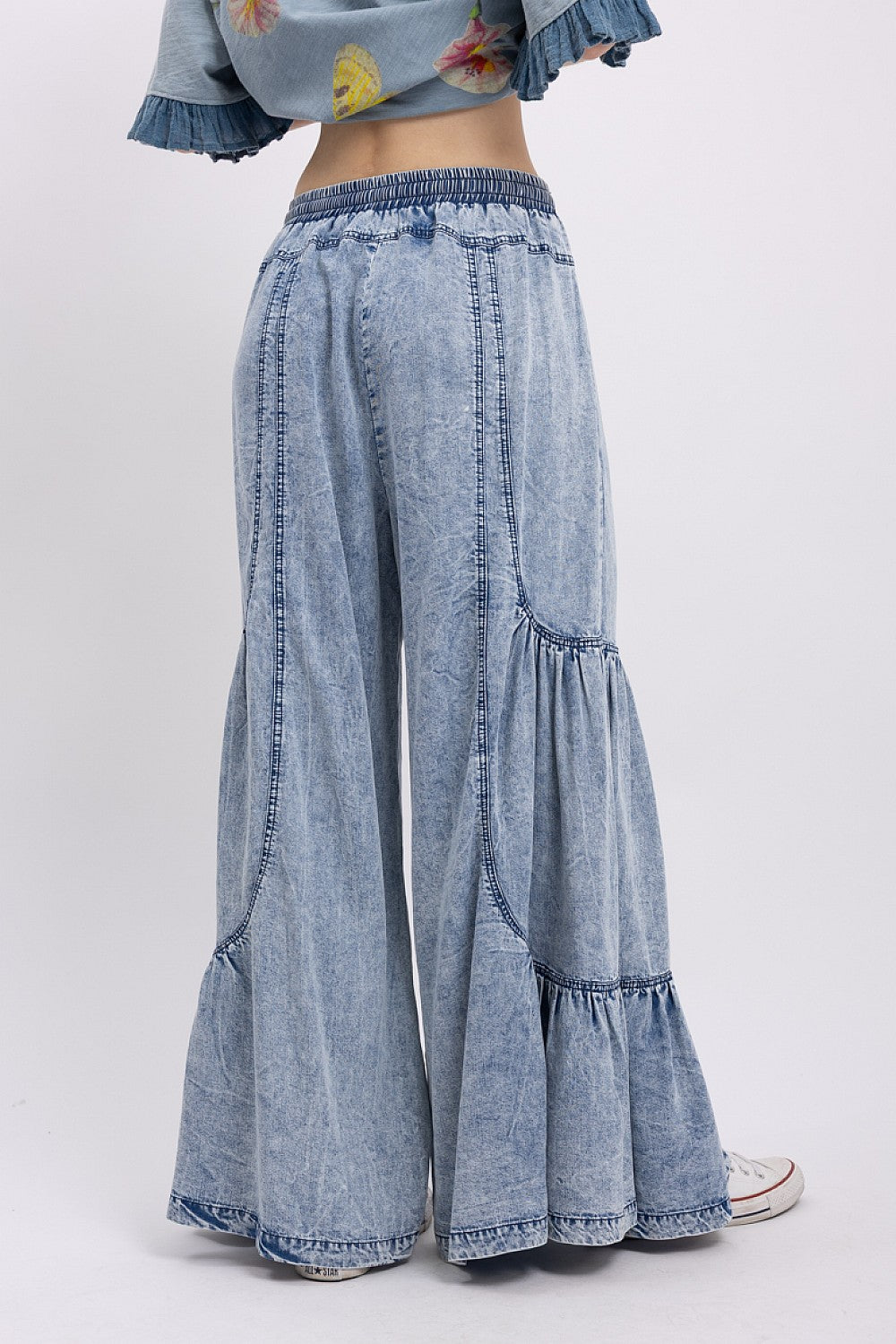MINERAL WASHED MULTI-CUT WIDE LEG PANTS