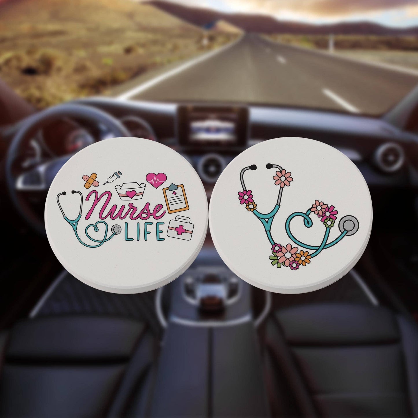 Car Coaster 2-Pack Kalia Lane-Nurse Life & Floral Stethoscope