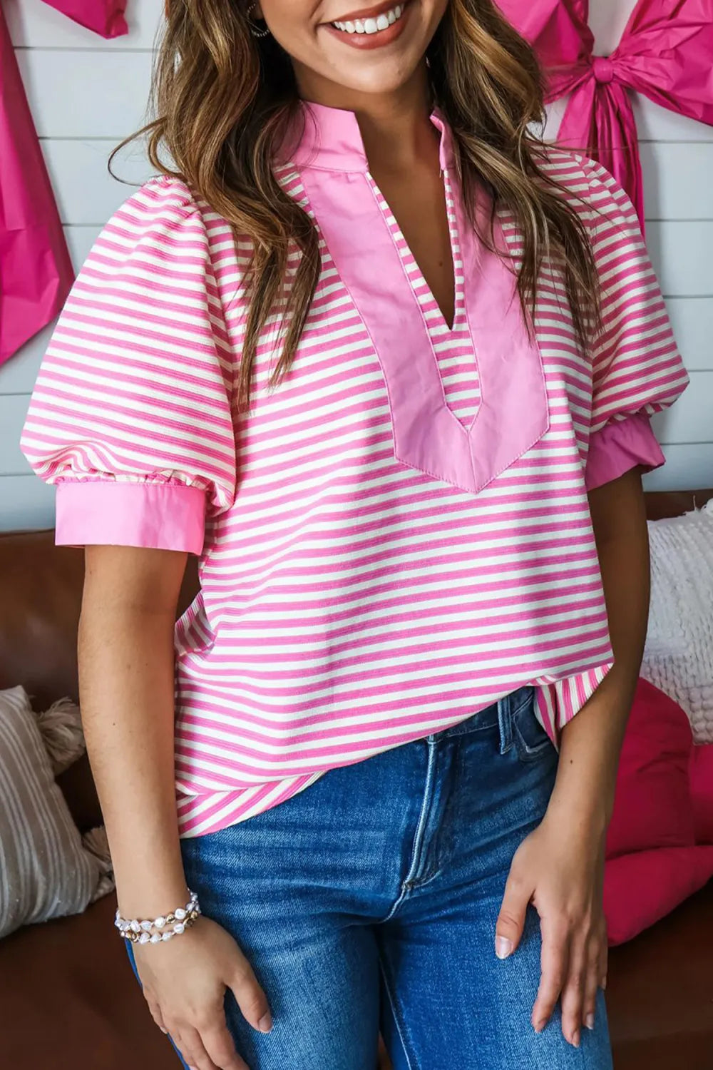 ABBIE SHORT SLEEVE BLOUSE - PINK STRIPE COLOR BLOCK