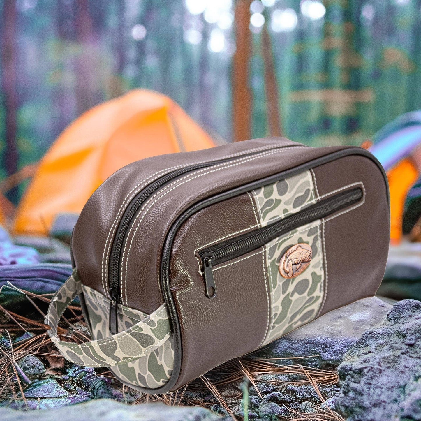 Bass Brown Pebble Old School Camo Men's Toiletry Dopp Bag.