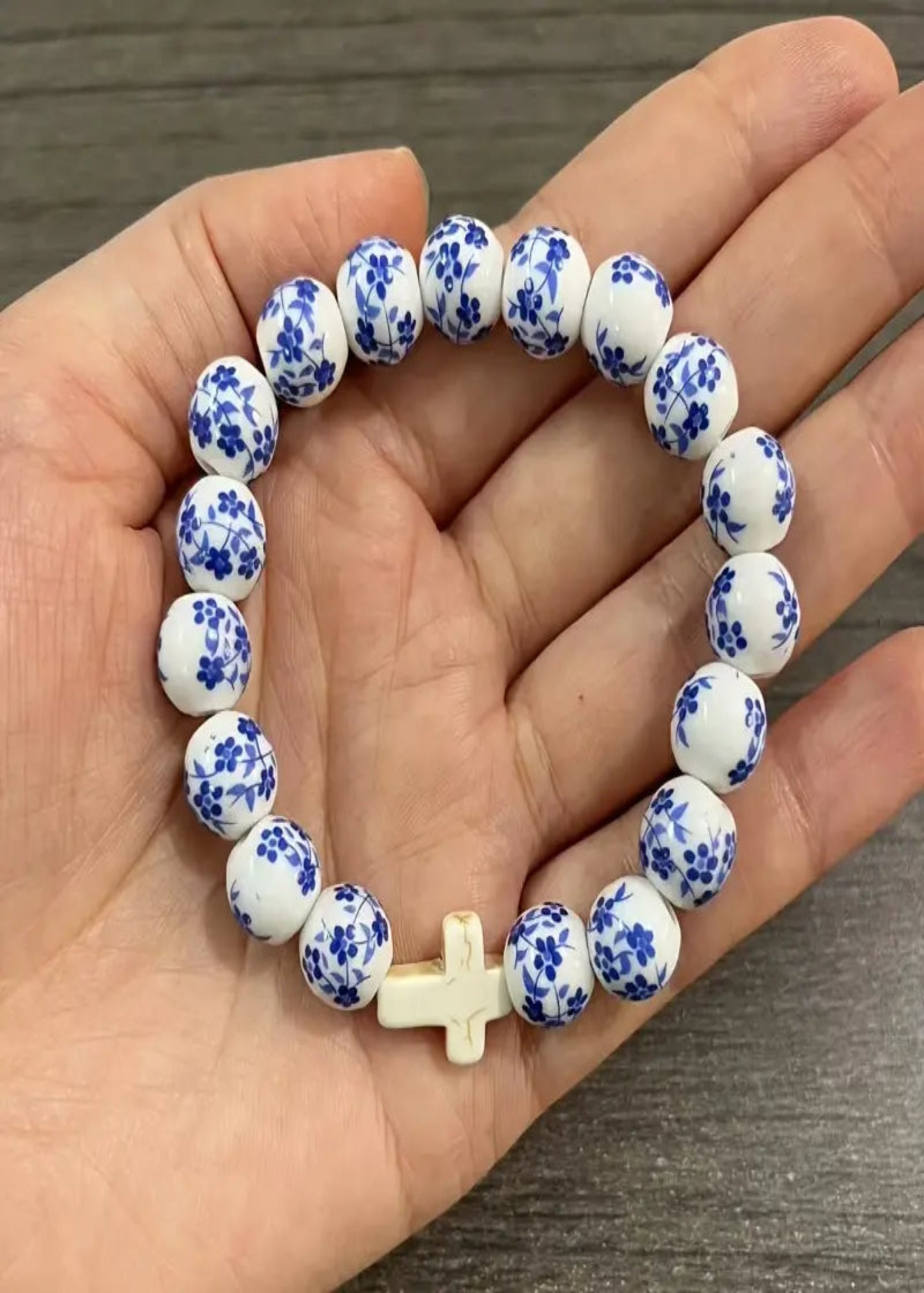 Blue and White Porcelain Cross Elastic Bracelet