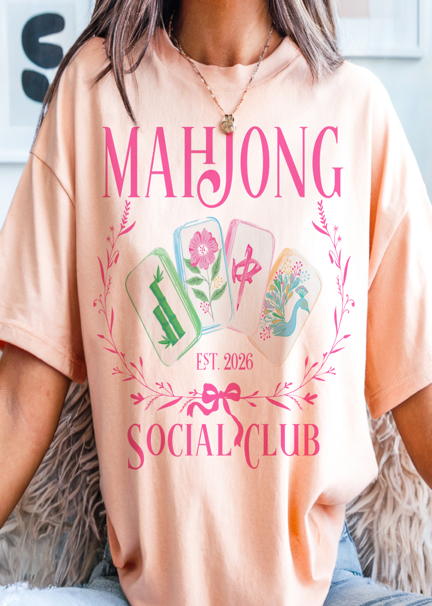Mahjong Preppy Social Club Pink Green Retro Game Graphic Tee