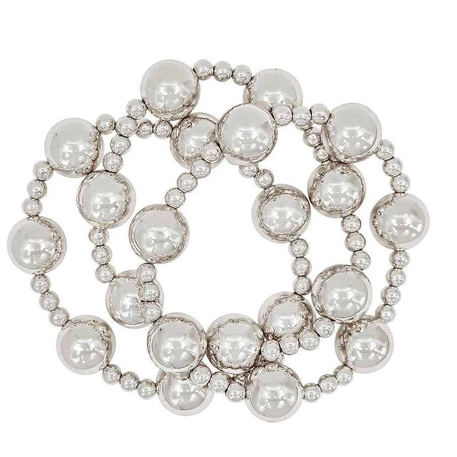 Set of 3 Silver 14MM Ball and 5MM Beaded Stretch Bracelets