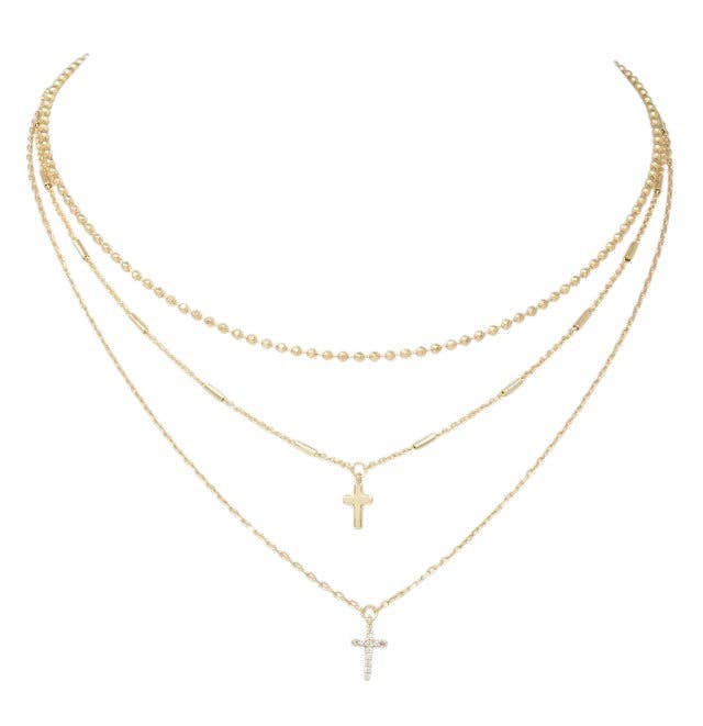 Three Layered Small Cross Pave 16"-18" Necklace