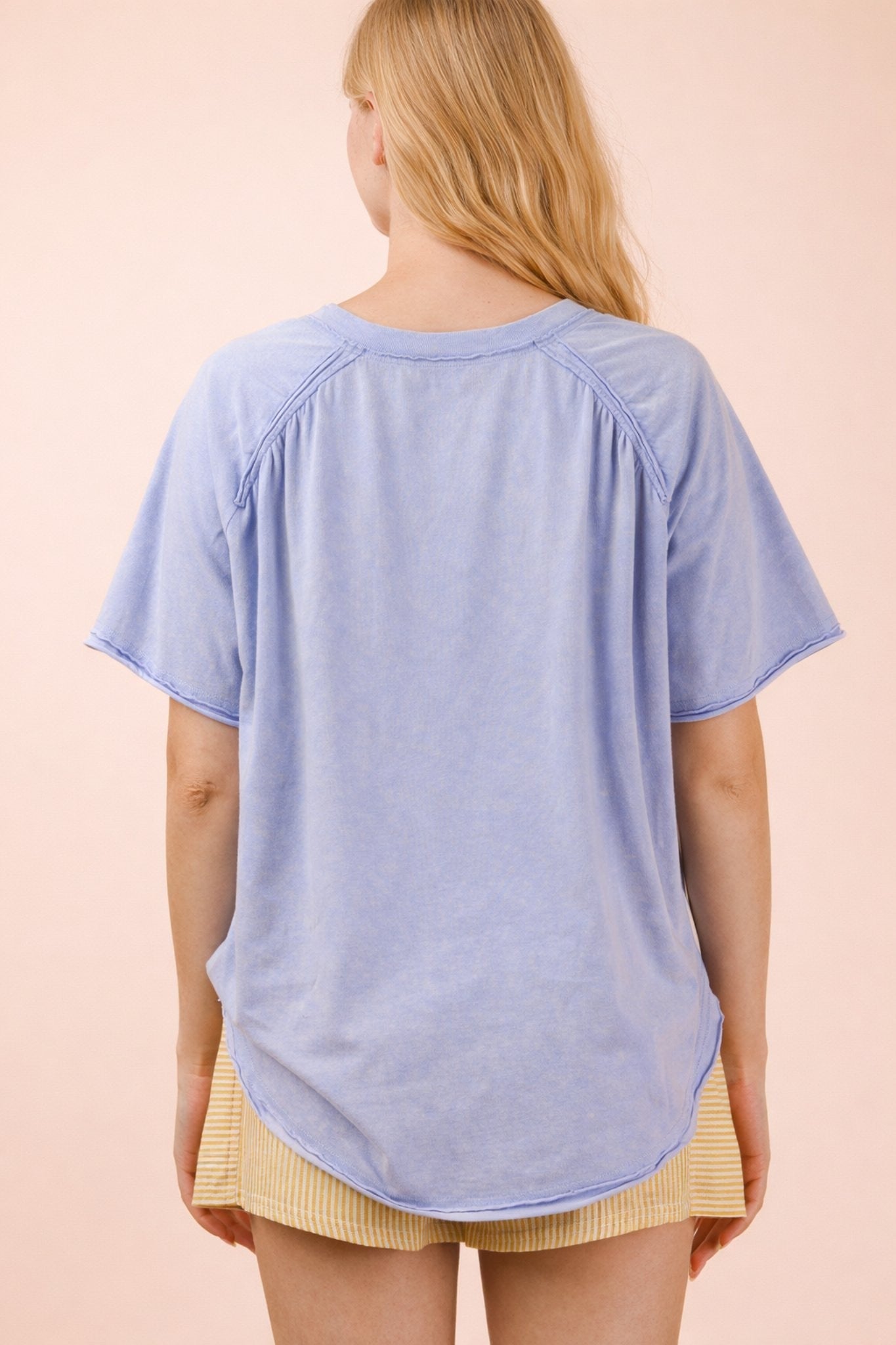 Back Shirring Detail Mineral Washed Knit Top in Blue