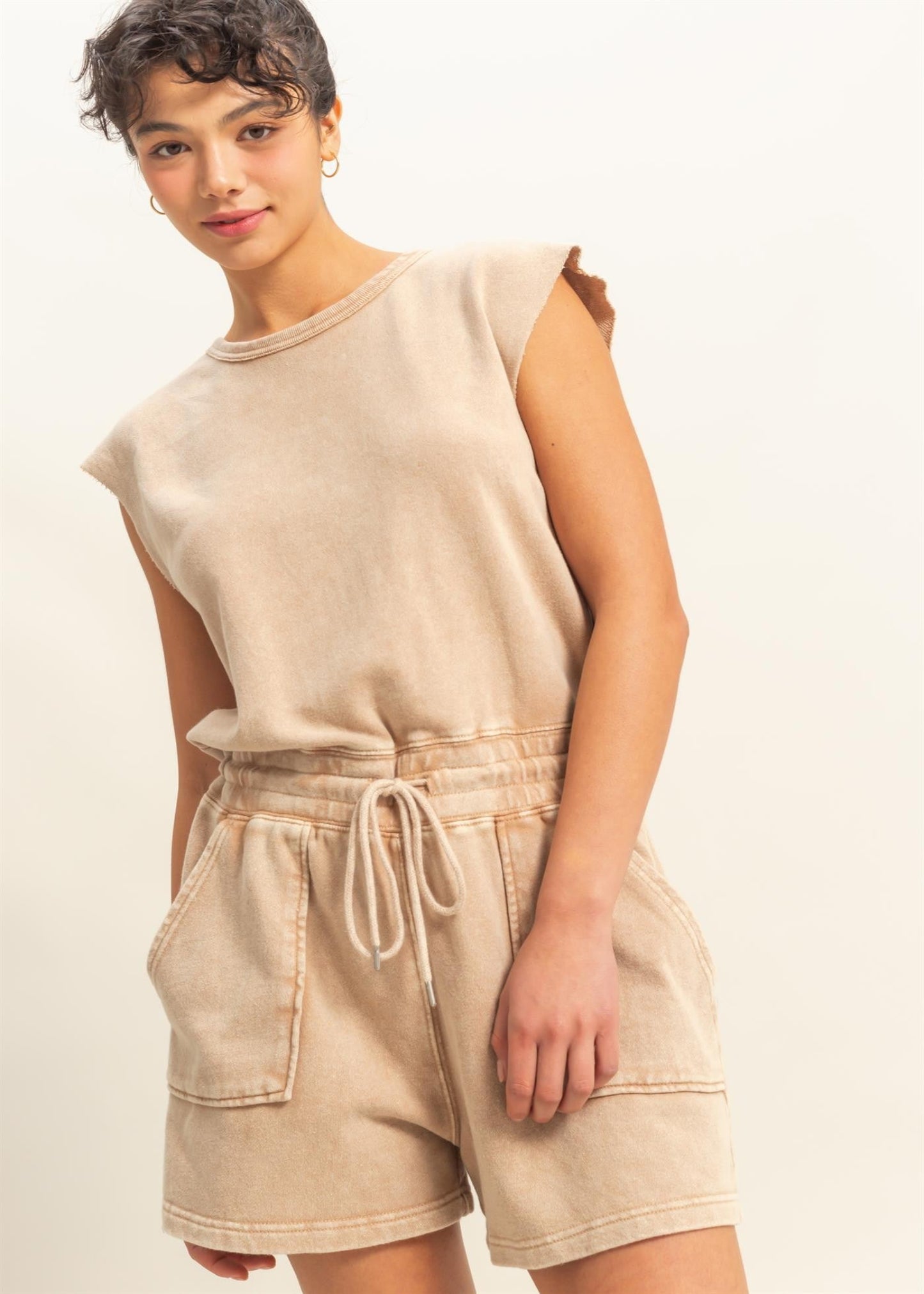 WINKLE SLEEVELESS DRAWSTRING WAIST ROMPER-DARK TAUPE
