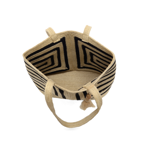 Black Geo Striped Savannah w/ Wood Bead Tassel Jute Fiber Tote