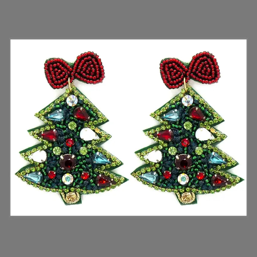 Christmas Tree Green with Crystal Ornaments 2" Seed Bead Earring