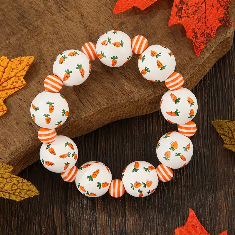 Cute Handcrafted Easter Carrot Print Beaded Stretch Bracelet