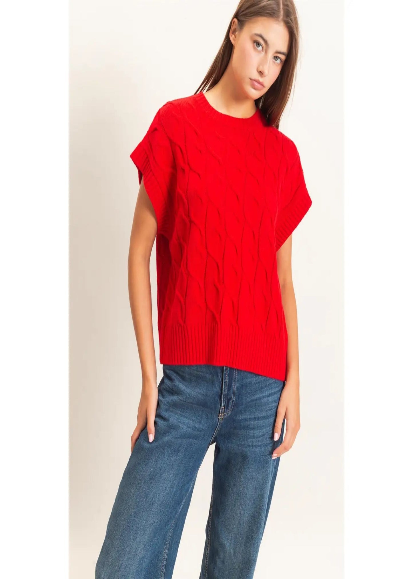 JULIE CABLE KNIT CAP SLEEVE SWEATER - RED