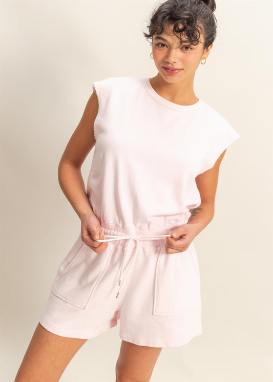 WINKLE SLEEVELESS DRAWSTRING WAIST ROMPER-SOFT PINK