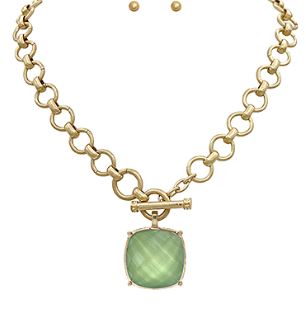 SQUARE STONE PENDANT NECKLACE SET: OLIVE