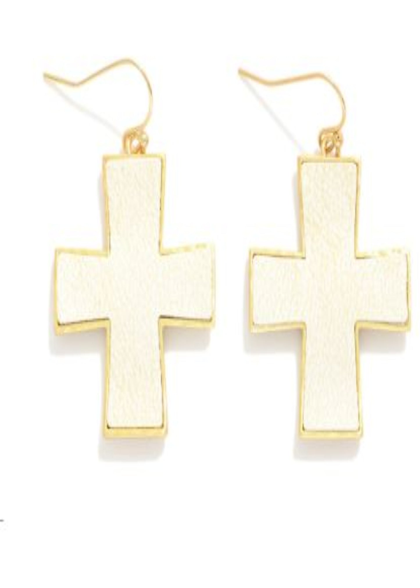 Metal Tone Cross Drop Earrings With Cracked Vegan Leather Detail: White