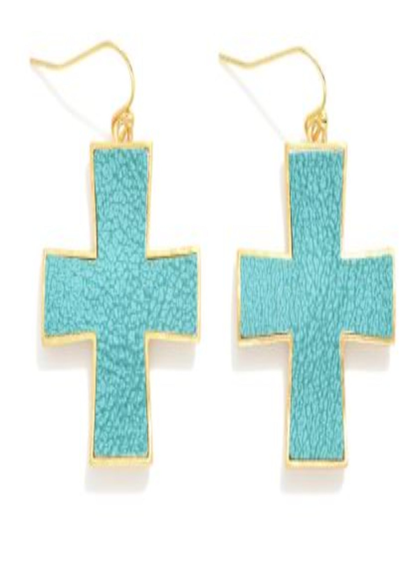 Metal Tone Cross Drop Earrings With Cracked Vegan Leather Detail: Teal