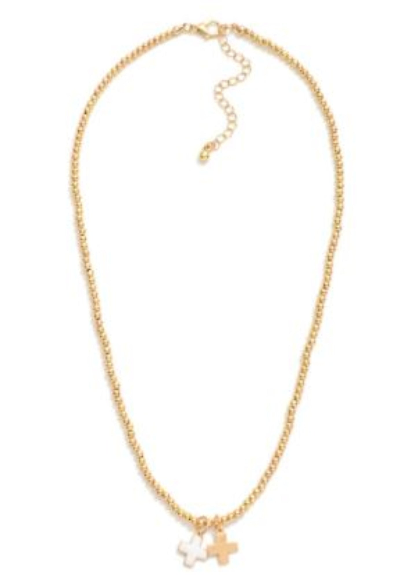Metal Tone Beaded Necklace Featuring Enamel Plus Cross Pendants: White