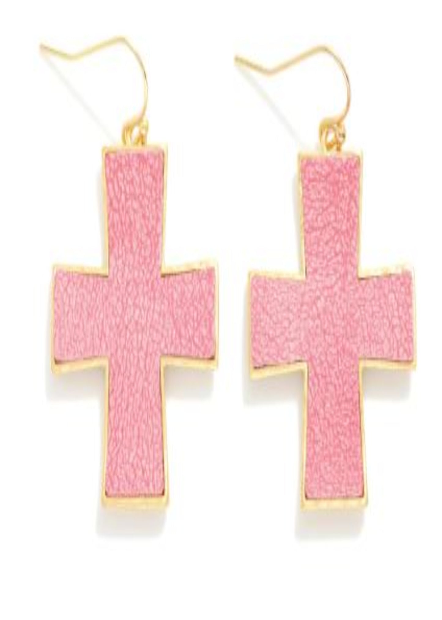 Metal Tone Cross Drop Earrings With Cracked Vegan Leather Detail: Dark Pink