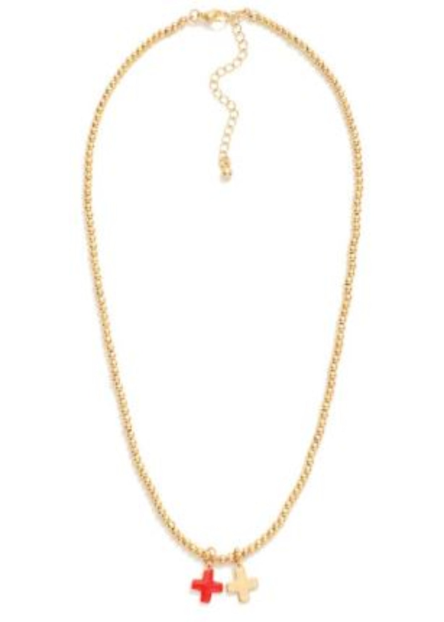 Metal Tone Beaded Necklace Featuring Enamel Plus Cross Pendants: Red