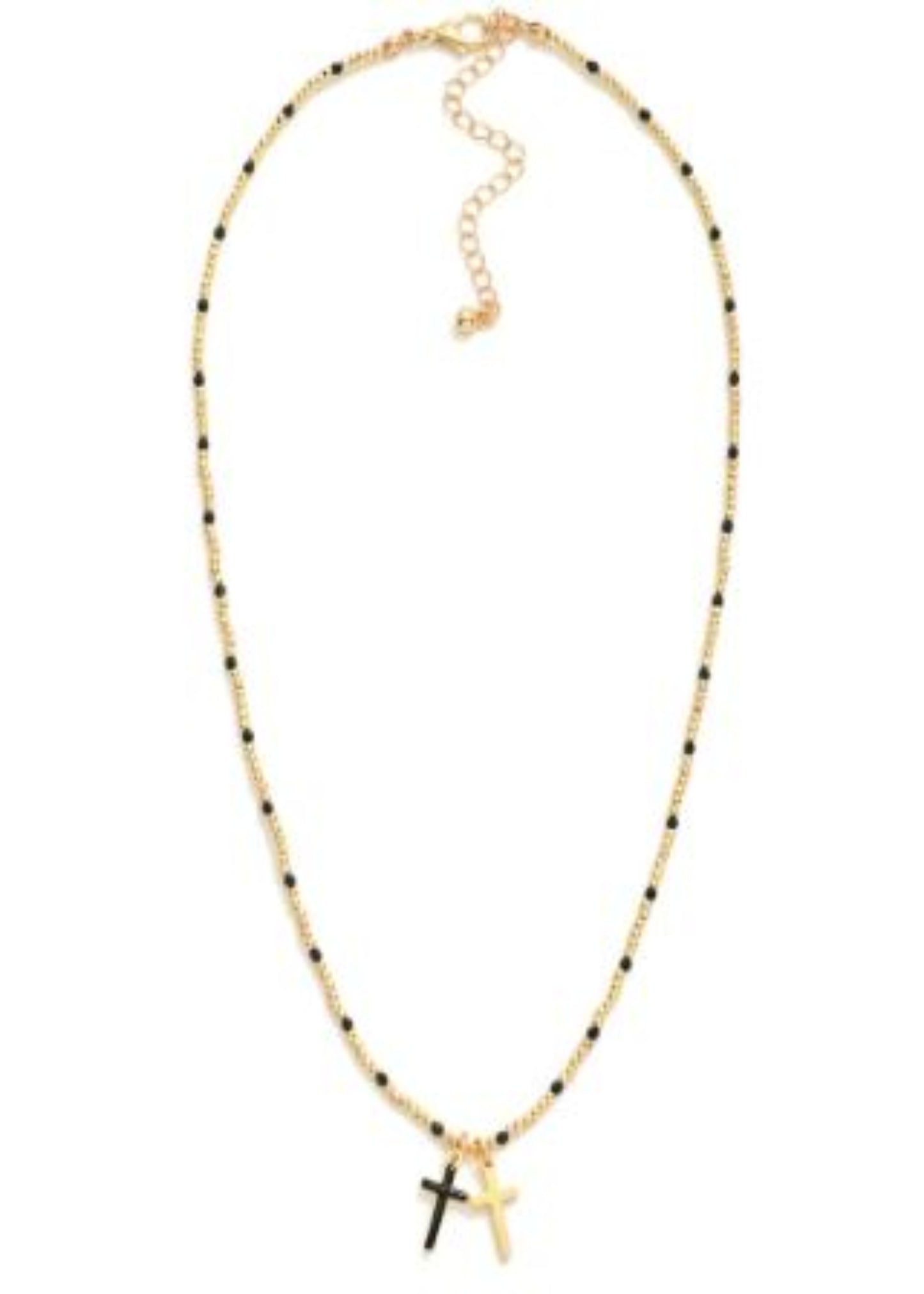 Metal Tone Beaded Necklace Featuring Faceted Bead Stations & Enamel Cross Pendants: Black