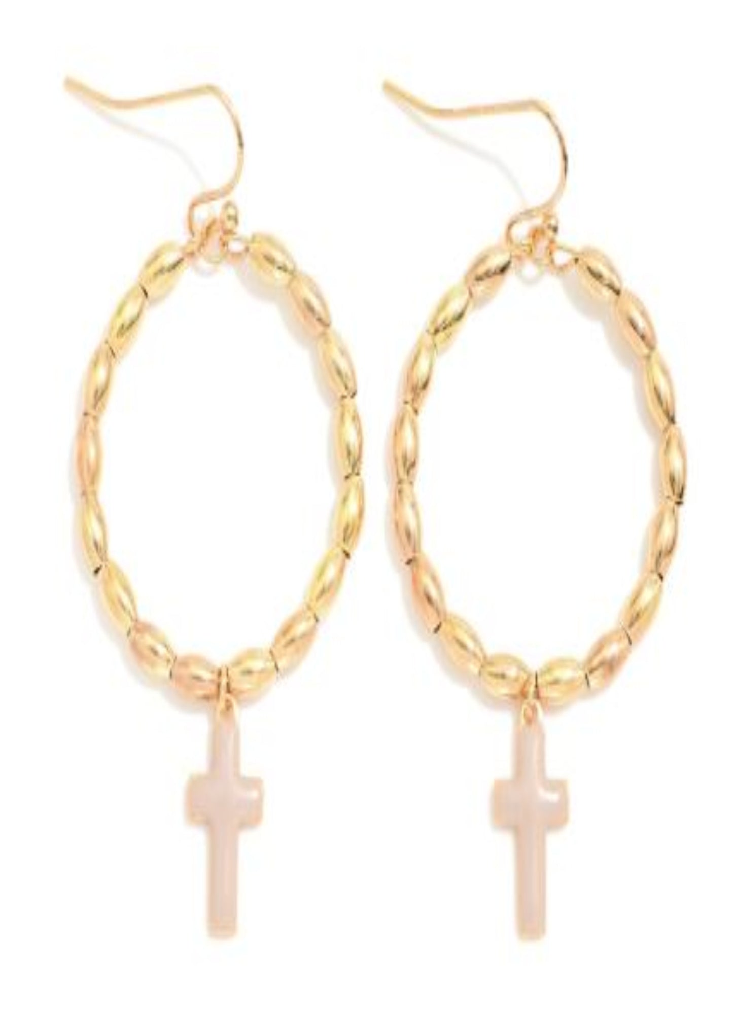 Metal Tone Beaded Hoop Drop Earrings Featuring Enamel Cross Dangle: Brown