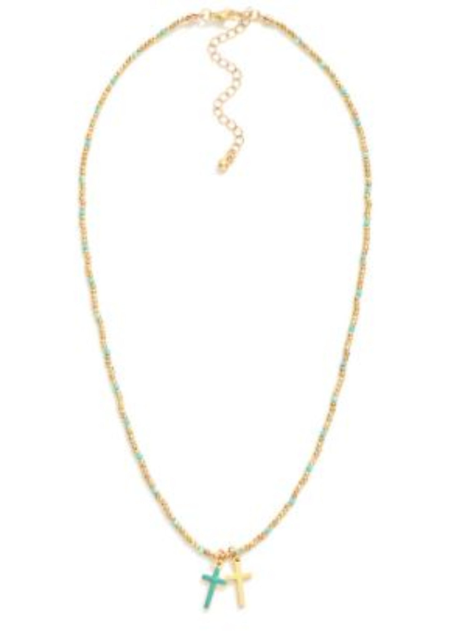 Metal Tone Beaded Necklace Featuring Faceted Bead Stations & Enamel Cross Pendants: Turquoise