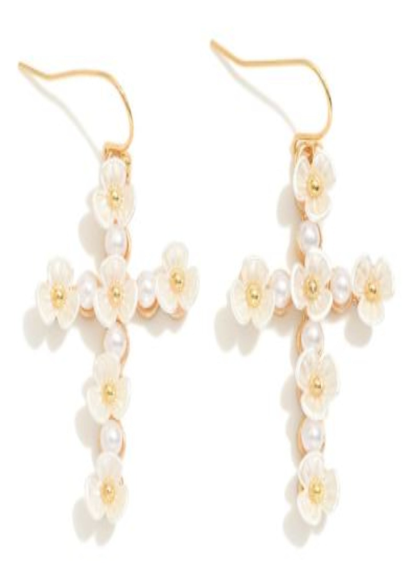 Pearl & Pearl Flower Studded Cross Drop Earrings