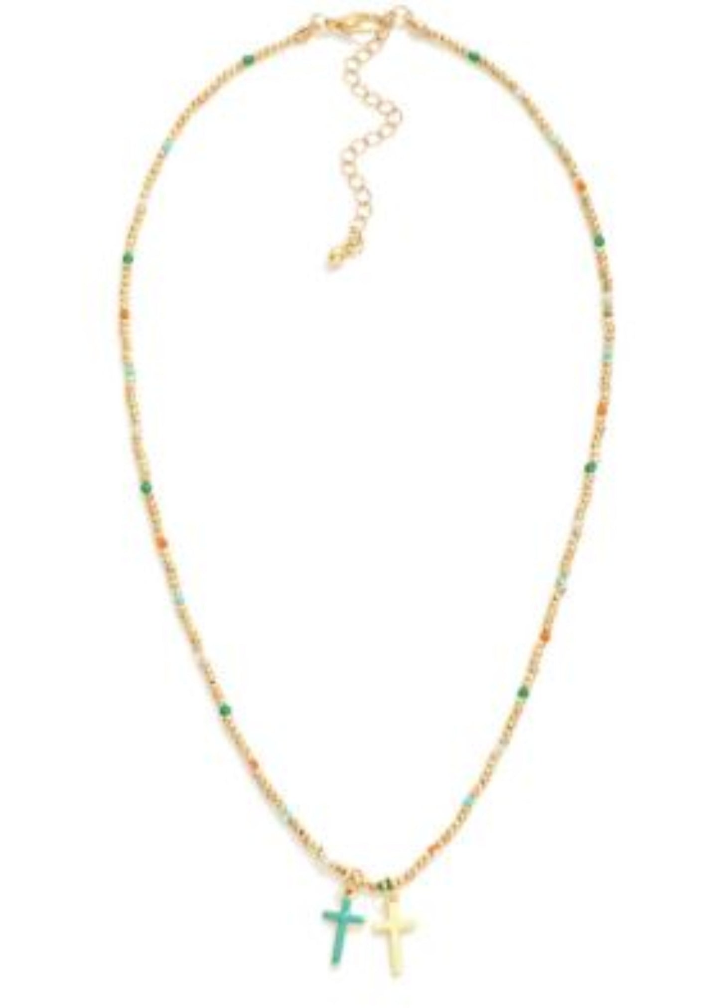 Metal Tone Beaded Necklace Featuring Faceted Bead Stations & Enamel Cross Pendants: Multi