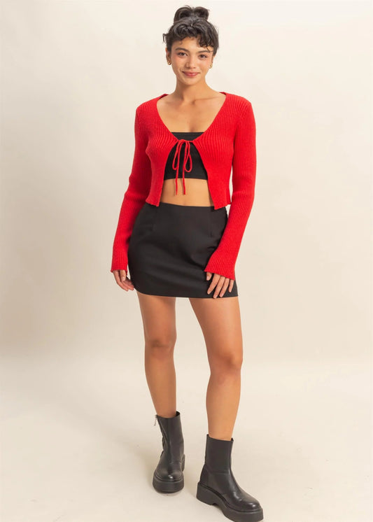GRACIE V-NECK TIE RIBBED CARDIGAN - RED