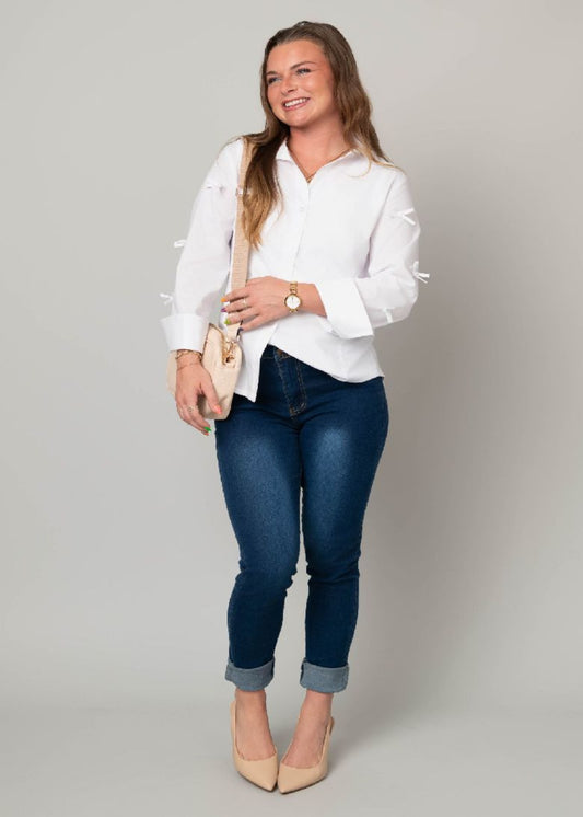 Poplin Button Front Blouse w/ Bow Details-White