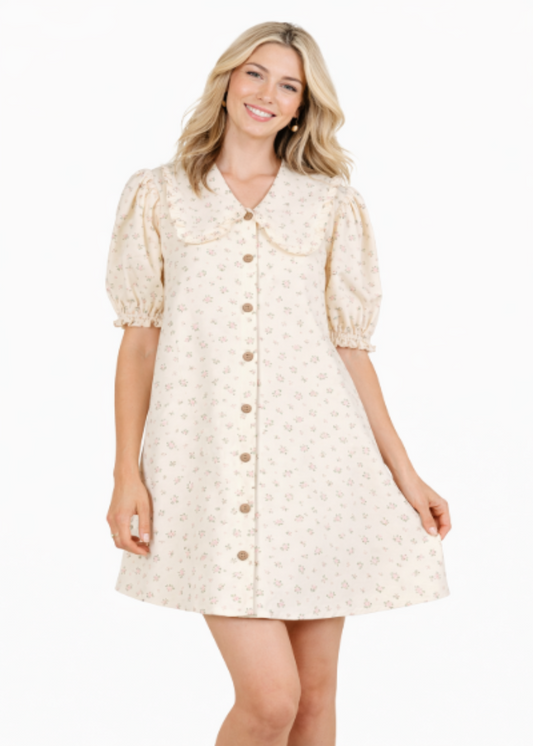 Floral Princess Sleeve Shirt Dress-White