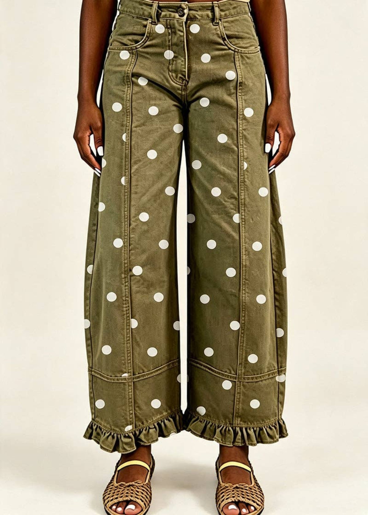 Polka Dot Ruffle Hem Baggy Jeans