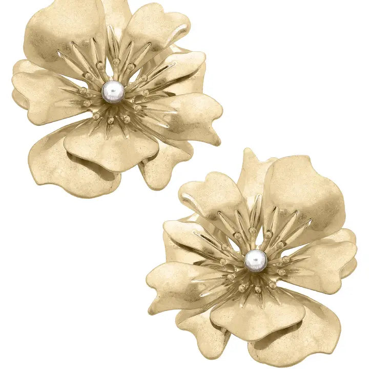 Nicole Pearl Flower Statement Earrings- Worn Gold