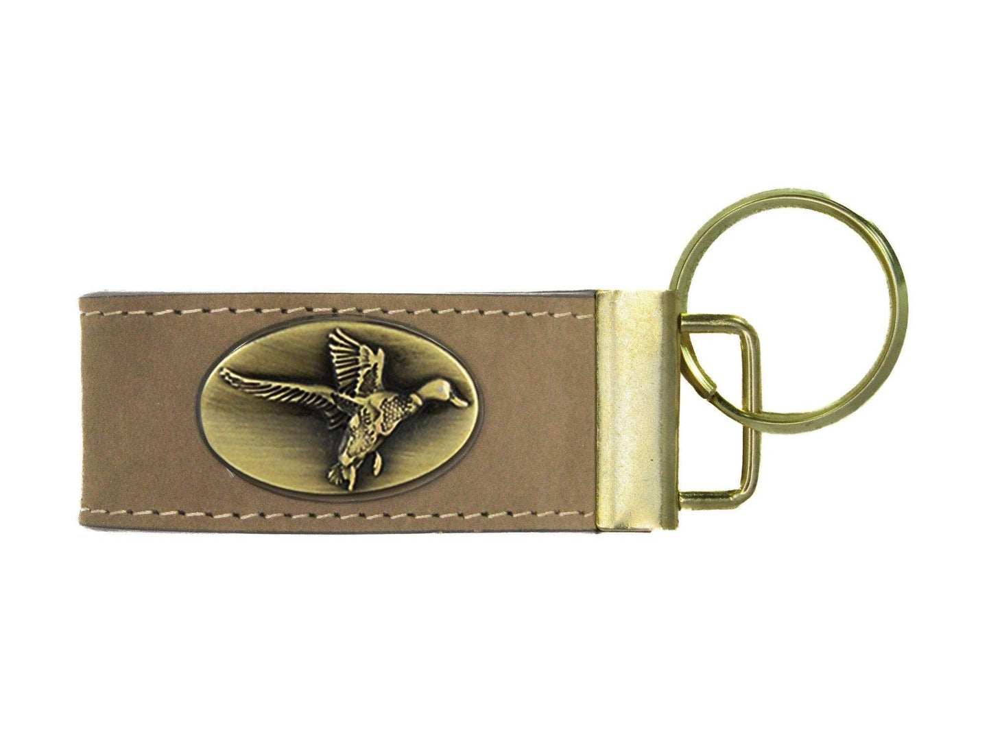 Leather Loop Key Fob. Crazyhorse Full Grain Leather With Antique Brass Logo. Bass, Dog, Deer, Mallard