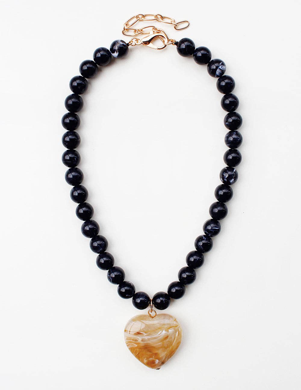 Black Beaded Necklace with Natural/Tan Acrylic Heart 16"-18" Necklace