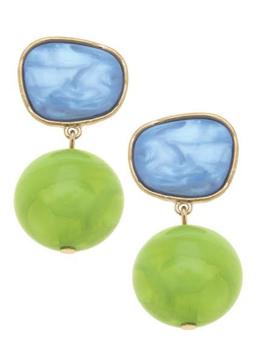 Ophelia Marbled Resin Drop Earrings in Light Blue & Lime Green