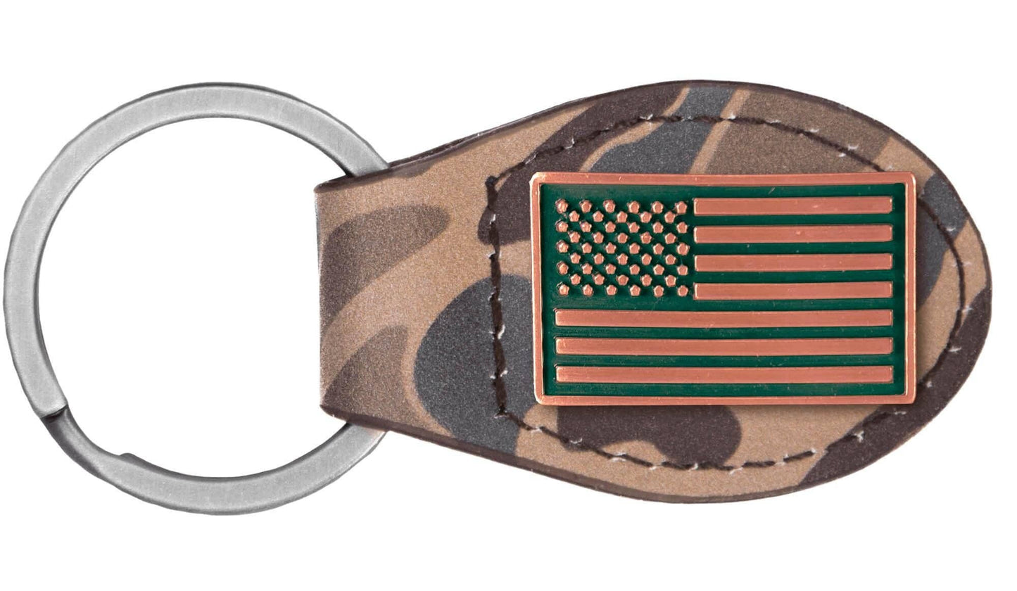Brown Old School Camo Leather Key Fob. Bass, Lab, Deer, Mallard, Turkey, Shot Shell, USA Flag