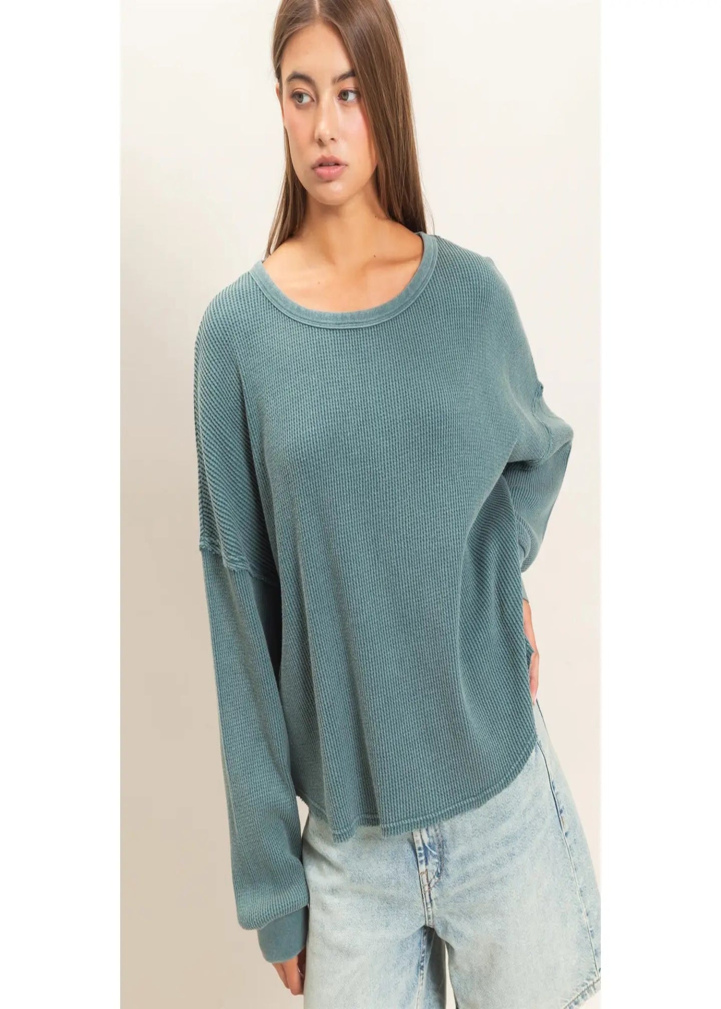 WAFFLE OVERSIZED TOP - TEAL
