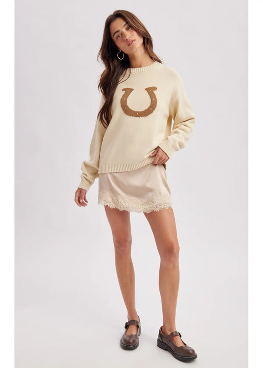 HORSESHOE GRAPHIC SWEATER - CREAM/CAMEL